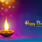 Happy diwali vector illustration. Festive diwali card. Design template with lamp, golden lights, colorful background. Blue magenta background, mandala. Vector holiday illustration